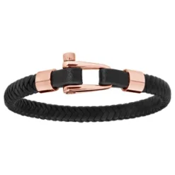Bracelet En Acier Et PVD Rose Cuir Noir Tressé - Fermoir Vissé 20cm