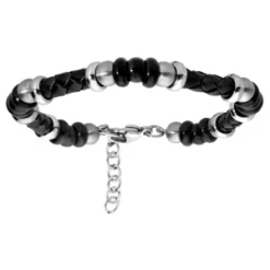 Bracelet En Acier Et Simili Cuir Noir Et Boules PVD Noir 18+3cm