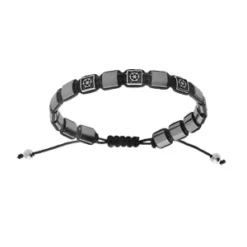 Bracelet En Acier Hématite Véritable Motifs Barre De Bateau Cordon Noir Coulissant