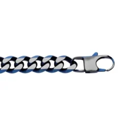 Bracelet En Acier Maille Gourmette 10mm PVD Brossé Aspect Patiné Chanfrein Bleu Longueur 21cm