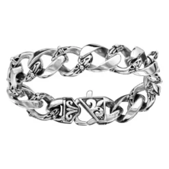 Bracelet En Acier Maille Gourmette Avec Maillons Motif Patiné Lys - Longueur 22,5cm