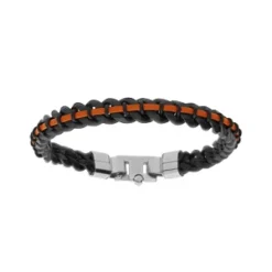 Bracelet En Acier PVD Noir Maille Gourmette 8mm Et Cuir Orange 21cm
