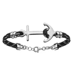 Bracelet En Argent Rhodié Cordon Doublé Noir Finement Moucheté Gris Avec Ancre De Marine Au Milieu - Longueur 16cm + 4cm De Rallonge