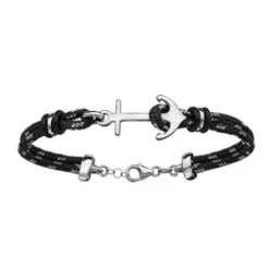 Bracelet En Argent Rhodié Cordon Doublé Noir Finement Moucheté Gris Avec Ancre De Marine Au Milieu - Longueur 18cm + 4cm De Rallonge