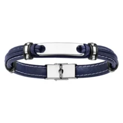 Bracelet En Cuir Bleu Marine Avec Plaque Allongée En Acier - Longueur 21cm Réglable