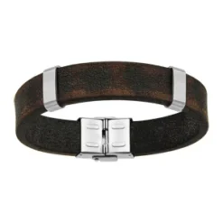 Bracelet En Cuir De Buffle Marron Aspect Vieilli Avec éléments Et Fermoir En Acier - Longueur 20cm