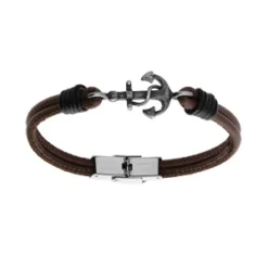 Bracelet En Cuir Marron Avec Ancre Acier 21cm Fermoir Acier