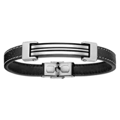 Bracelet En Cuir Noir Avec Coutures Et Plaque En Acier Ornée De Lignes Noires Au Milieu - Longueur 21,5cm Réglable