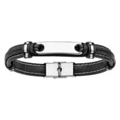 Bracelet En Cuir Noir Avec Plaque Allongée En Acier - Longueur 21cm Réglable