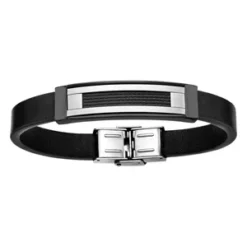 Bracelet En Cuir Noir Avec Plaque En PVD Et Câbles Noir Au Milieu - Longueur 20,5cm Réglable