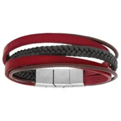 Bracelet En Cuir Rouge Et Marron Réglable Avec Double Fermoir