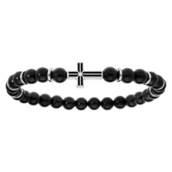 Bracelet Extensible Avec Perles D'Agate Noire Et Motif Croix