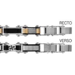 Bracelet Réversible En Acier 1 Côté Alternance De Maillons En PVD Noir Et Maillons Avec PVD Jaune, Quadrillage Et L'autre Côté Alternance De Maillons
