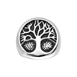 Chevalière En Acier Avec Arbre De Vie Sur Fond Noir