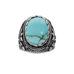 Chevalière En Acier Patiné Avec Gros Oxyde Ovale Couleur Turquoise De Synthèse