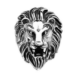 Chevalière En Acier Patiné Tête De Lion De Face