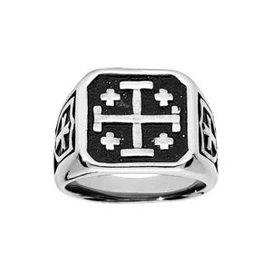 Chevalière En Acier Plateau Carré Avec Croix De Jérusalem Fond Noir 1 Chevalière En Acier Plateau Carré Avec Croix De Jérusalem Fond Noir