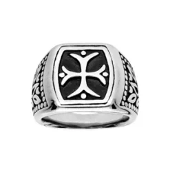 Chevalière En Acier Plateau Carré Avec Croix Des Templiers Fond Noir