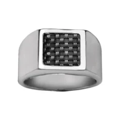 Chevalière En Acier Plateau Carré En Carbone Noir Quadrillé