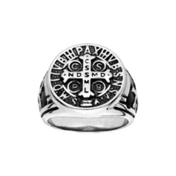 Chevalière En Acier Plateau Rond Avec Croix De Saint Benoit