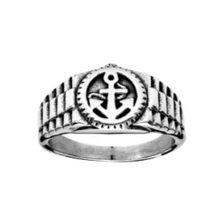 Chevalière En Acier Ronde Avec Ancre Marine Patinée