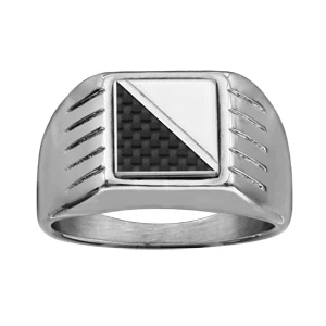 Chevalière En Acier Satiné Plateau Carré Avec Carbone Et à Godrons 1 Chevalière En Acier Satiné Plateau Carré Avec Carbone Et à Godrons