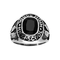 Chevalière En Acier Universitaire Avec Aigle Et Pierre Ovale Noire