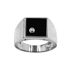 Chevalière En Argent Rhodié Plateau Carre En Onyx Avec 1 Oxyde Blanc 10 X 10