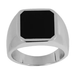Chevalière En Argent Rhodié Plateau Carré En Onyx Synthétique Et Chanfreins Dans Les Angles