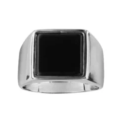 Chevalière En Argent Rhodié Plateau Carré En Onyx Véritable