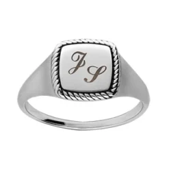 Chevalière En Argent Rhodié Plateau Carré Et Contour Perlé