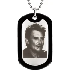 Collier Acier Chaîne Boules Plaque Gi 52x32mm Contour Caoutchouc Noir Gravure Portait Johnny - Longueur 50+10cm