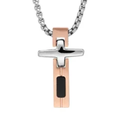 Collier En Acier Avec Pendentif Croix PVD Noir Et Rose 55cm