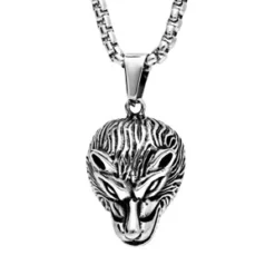 Collier En Acier Avec Pendentif Tête De Loup Patiné 55cm