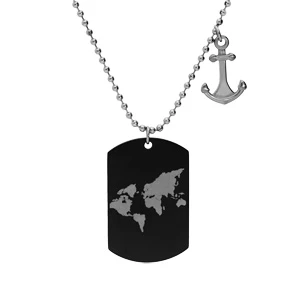 Collier En Acier Chaîne Avec Pendentif Ancre Et Plaque PVD Noir Militaire Motif Monde 55+10cm 1 Collier En Acier Chaîne Avec Pendentif Ancre Et Plaque PVD Noir Militaire Motif Monde 55+10cm