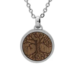 Collier En Acier Chaîne Avec Pendentif Centre Bois Motif Arbre De Vie 50+5cm