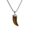 Collier En Acier Chaîne Avec Pendentif Corne Oeil De Tigre Véritable 55+5cm