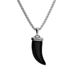 Collier En Acier Chaîne Avec Pendentif Corne Onyx Véritable 55+5cm