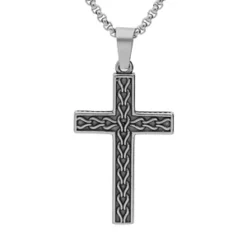 Collier En Acier Chaîne Avec Pendentif Croix à Motif Sur Le Recto Verso 50+5cm