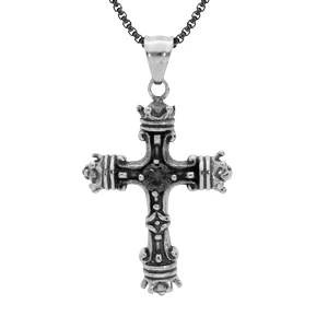 Collier En Acier Chaîne Avec Pendentif Croix Patiné Oxyde Noir Serti 55+10cm 1 Collier En Acier Chaîne Avec Pendentif Croix Patiné Oxyde Noir Serti 55+10cm
