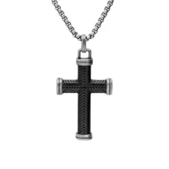 Collier En Acier Chaîne Avec Pendentif Croix Striee En PVD Noir 50+5cm