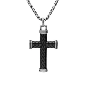 Collier En Acier Chaîne Avec Pendentif Croix Striee En PVD Noir 50+5cm -1001 Bijoux Ventes collier en acier chaine avec pendentif croix striee en pvd noir 505cm 130629