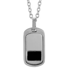 Collier En Acier Chaîne Avec Pendentif Rectangle Large Arrondi Orné D'1 Rectangle En PVD Noir - Longueur 50cm + 5cm De Rallonge