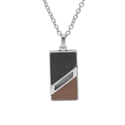 Collier En Acier Chaîne Avec Pendentif Rectangulaire Aspect Bois 50+5cm