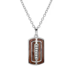 Collier En Acier Chaîne Avec Pendentif Rectangulaire Aspect Bois Marron Oxydes Blancs Sertis 50+5cm