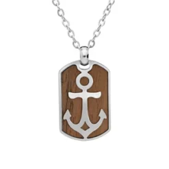 Collier En Acier Chaîne Avec Pendentif Rectangulaire Bois Motif Ancre 50+5cm
