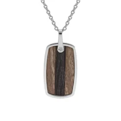 Collier En Acier Chaîne Avec Pendentif Rectangulaire Dim 35x20 Mm Aspect Bois Longueur 55+5cm
