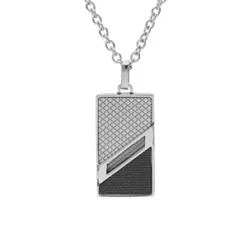 Collier En Acier Chaîne Avec Pendentif Rectangulaire Motif Croisillons Et Câble 50+5cm