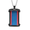 Collier En Acier Chaîne Avec Pendentif Rectangulaire Noir Et Bleu Avec2 Bandes Rouge 50+5cm