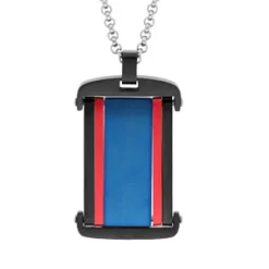 Collier En Acier Chaîne Avec Pendentif Rectangulaire Noir Et Bleu Avec2 Bandes Rouge 50+5cm